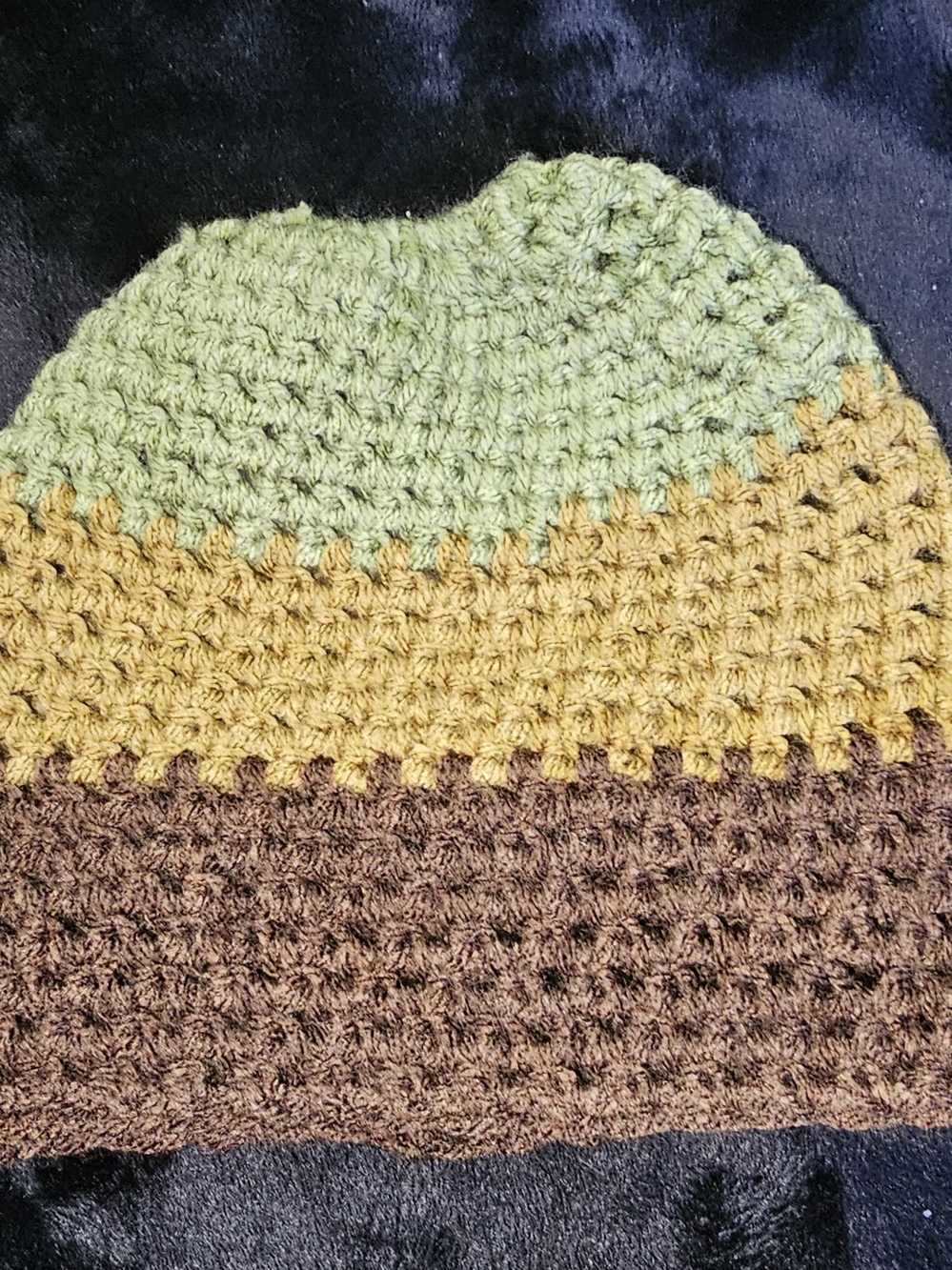 Handmade Crocheted Beanie in Green, Mustard & Brown
